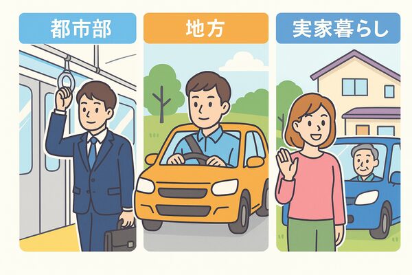 都市部勤務で電車通勤する新社会人、地方勤務で軽自動車に乗る姿、実家暮らしで家族と車をシェアする様子を3分割で描いたイラスト。