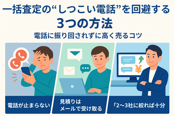 車 一括査定 電話 しつこい 回避 方法｜逆オークションやチャットを活用して待ちながら価格を競わせる様子を描いたイラスト