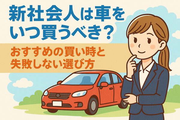新社会人が車を買うタイミングを考えている様子を描いたイラスト風アイキャッチ画像。赤い車とスーツ姿の若者が登場し、「おすすめの買い時と失敗しない選び方」を伝えるデザイン