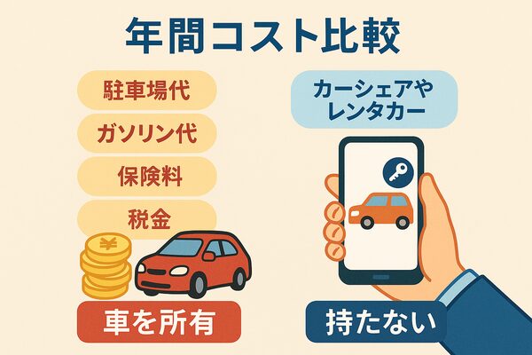 車を所有した場合の費用（駐車場代・ガソリン代・保険料・税金）と、カーシェアやレンタカー利用の費用を対比したイラスト。赤色で「車を所有」、青色で「持たない」を表現し、年間コスト差をわかりやすく示している。