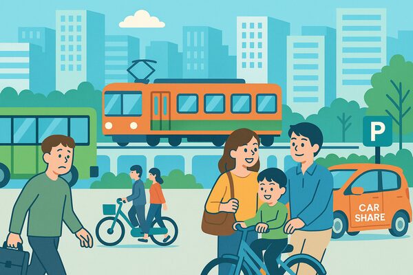 都市部で電車・バス・カーシェアを活用し、共働き世帯が車を持たず快適に生活する様子を描いたイラスト
