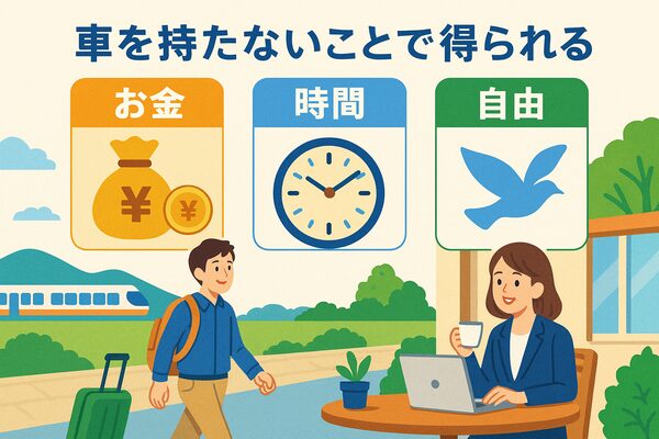 新社会人が車を持たない選択によって得られる「お金・時間・自由」を象徴的に描いたイラスト。