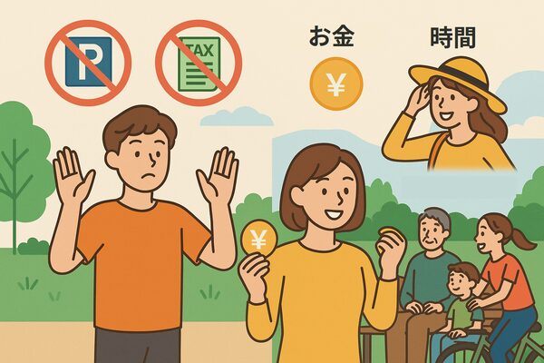 車を持たないことで維持費を削減し、旅行や趣味、家族との時間に使えるお金と自由が増える様子を描いたイラスト