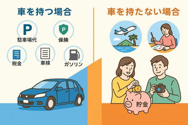 車を持つ場合の費用（駐車場代・保険・税金など）と、持たない場合の節約効果を旅行や貯金で楽しむ様子を対比したイラスト