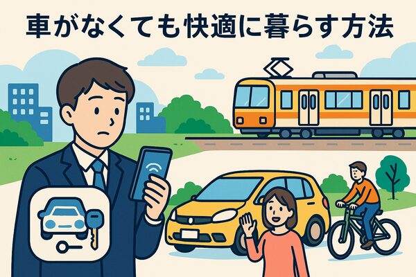 新社会人がスマホでカーシェアを予約し、家族がレンタカーで出発し、自転車や電車で移動する様子を描いたイラスト。車を持たなくても快適に暮らせる代替手段を表現。