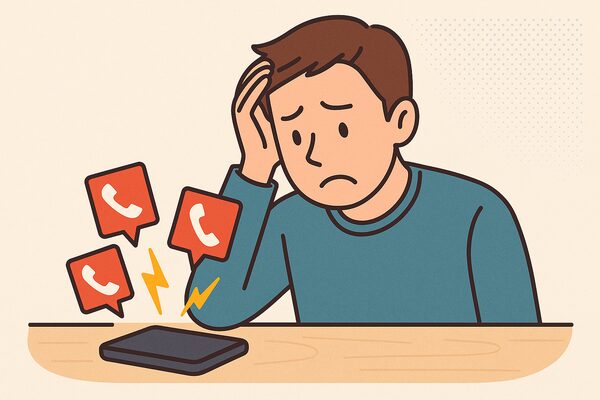 車 一括査定 電話 しつこい 理由｜複数業者から同時に電話がかかり困惑する様子を表すイラスト