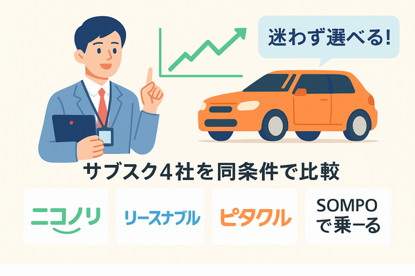 車 一括査定 電話 しつこい 回避 方法｜ニコノリ・リースナブル・ピタクル・SOMPOで乗ーるを横並びで比較し、迷わず選べることを示す鮮やかなフラットイラスト