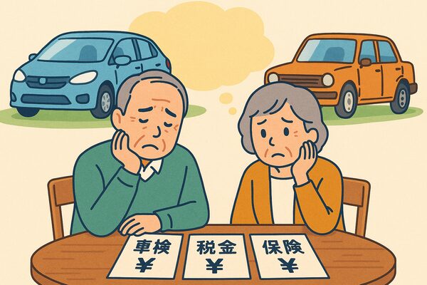 60代夫婦が車検・税金・保険の出費を前に悩み、新車と旧車の買い替えや“買わずに乗る”選択を考えているイラスト