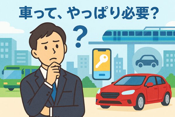 都市部の街並みを背景に、スーツ姿の新社会人が車の必要性に悩んでいる様子。電車・バス・カーシェアアプリのアイコンと赤い車が描かれ、「車を持たない選択肢」を表現したイラスト。