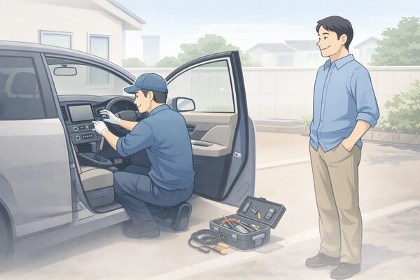 自宅駐車場でカーナビの出張取付を行っている様子