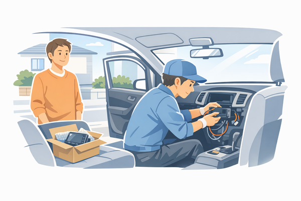 ナビ男くんの出張取付サービスのイメージ（持ち込みナビを自宅で設置）