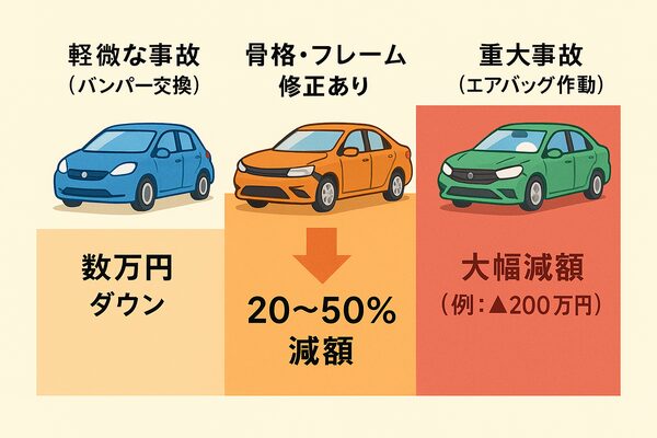 軽微事故は数万円、骨格修正は20～50％、重大事故は大幅減額と、事故の程度ごとに査定額が下がる目安を示す比較図。
