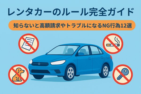 レンタカーのルールを解説するアイキャッチ画像。青い車を中心に、禁煙・ペット禁止・返却・鍵などの注意アイコンが並び、ルール違反によるトラブルを強調したイラスト風デザイン。