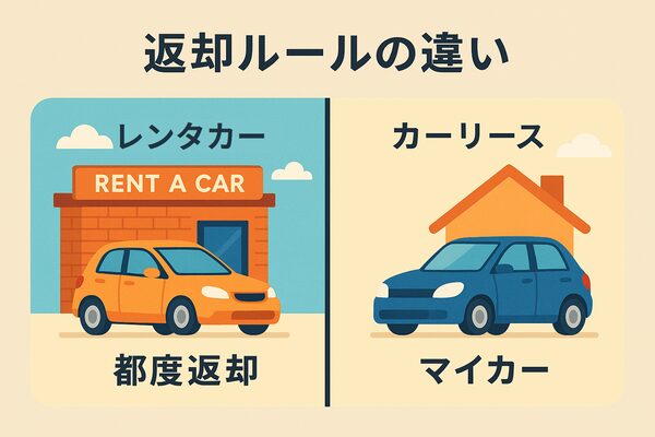 レンタカーは都度返却が必要、カーリースはマイカーとして返却不要という違いを表した比較イラスト