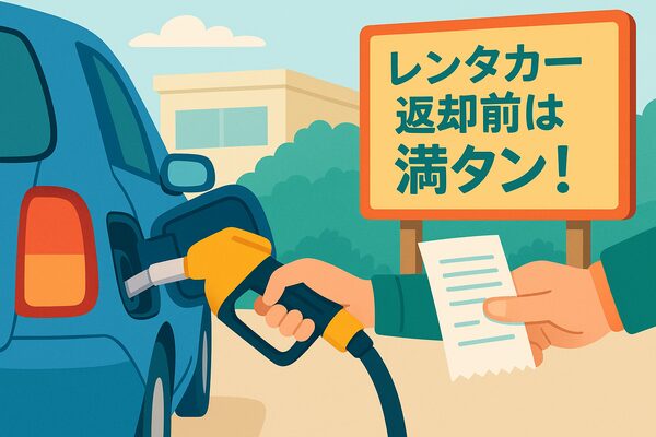 レンタカー返却前にガソリンスタンドで満タン給油し、レシートを受け取る様子を描いたイラスト