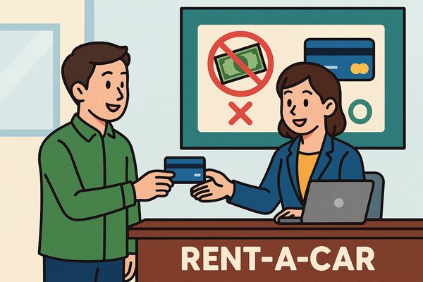 レンタカーを借りる際にクレジットカードが必須であることを示すカウンターでの契約イラスト