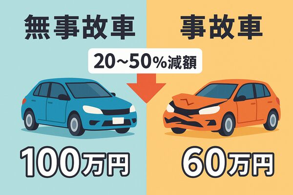 事故車は無事故車より査定額が20～50％下がることを示す比較イラスト。無事故車100万円に対して事故車60万円の例。