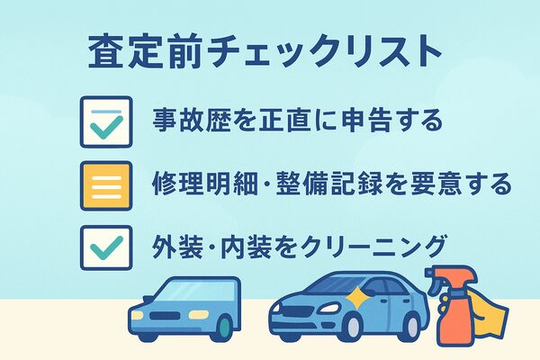 事故車査定前にやっておくべき準備を示すチェックリスト。事故歴申告、修理記録の用意、外装内装のクリーニングをイラスト付きで解説。