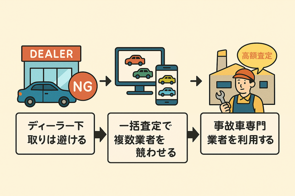 事故車を高く売るための3つの方法を示す図。ディーラー下取りは避ける、一括査定で競わせる、事故車専門業者を利用する手順を矢印でつなげて解説。