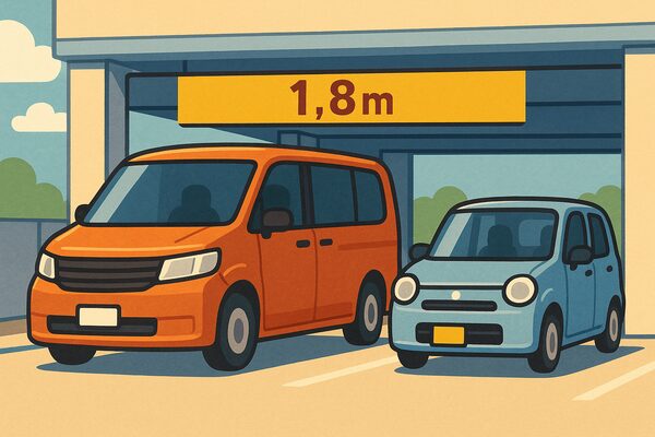 立体駐車場の高さ制限バーにワゴン車がぶつかりそうになり、軽自動車は余裕で通れる様子を描いたイラスト