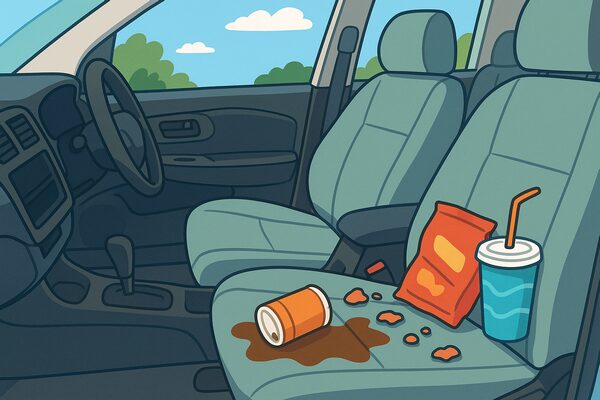 レンタカーの車内に飲み物やお菓子の汚れが残り、返却時にクリーニング代を請求される様子を描いたイラスト