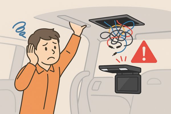 ミニバンのルーフライナーを剥がし、モニター配線の準備をしている車内 — DIY取り付けのリスク警告用ビジュアル