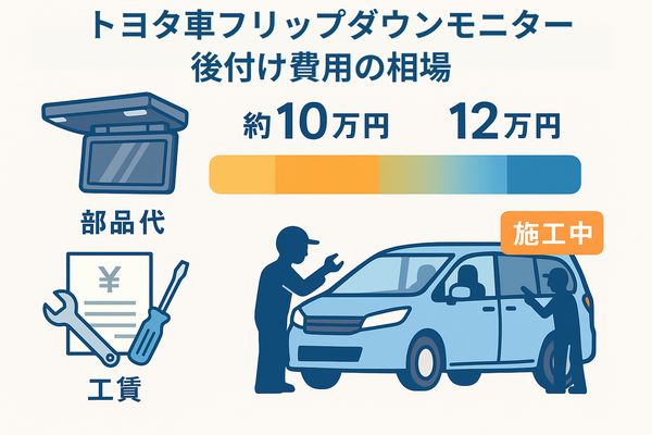 フリップダウンモニター後付けにかかる費用の内訳（パーツ代＋工賃＋総額）を示した図解