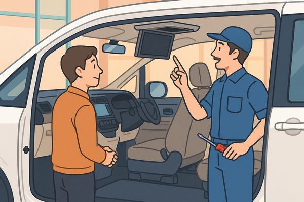 後席用モニターを天井中央に設置するミニバンの取り付け作業イメージ — ナビ男くん対応後付けサービス紹介用