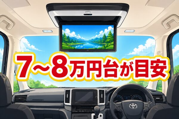 フリップダウンモニターの後付け費用目安（7〜8万円台）と取り付けイメージ（ミニバン車内）