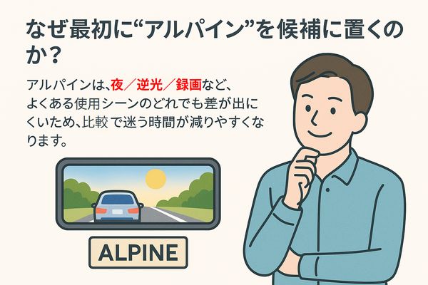 アルパインを最初の候補に置くことで比較で迷いにくくなることを示したデジタルインナーミラーのイラスト