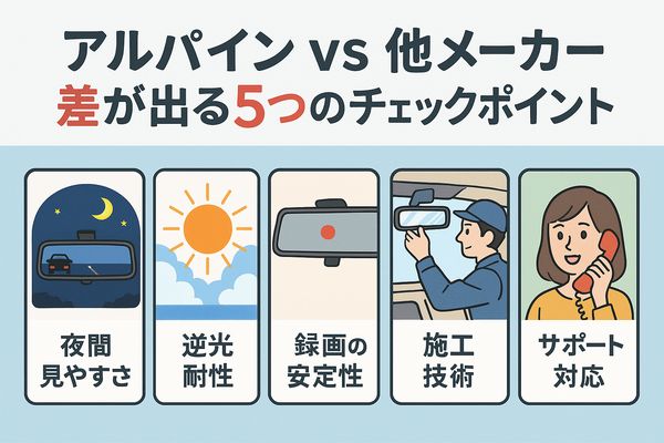 アルパインと他メーカーの違いを一目で比較したデジタルインナーミラーの判断基準イラスト