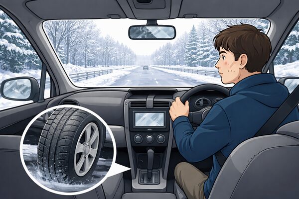 安いスタッドレスタイヤで走行中に不安を感じるドライバーのイラスト｜摩耗タイヤと滑りやすい冬道のリスクを表現