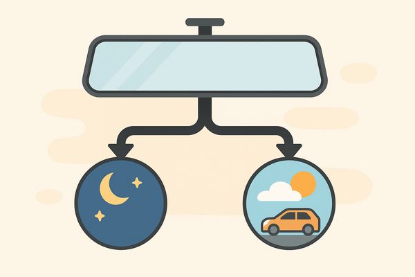 夜間が多いか通勤中心かで日本製デジタルインナーミラーの最適選択が２分岐する判断フローを示した抽象イラスト