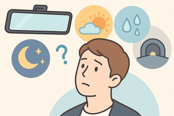 デジタルインナーミラーは夜間・逆光・雨・トンネルなど使用条件によって見え方が変わりやすく、想像と違って後悔が起きやすいことを表すイラスト