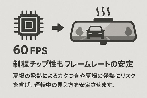デジタルインナーミラーの処理チップ性能とフレームレート安定性が、夏場の発熱によるカクつきを防ぎ見え方を安定させるイメージ