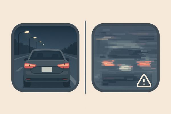 夜間走行での録画が「使える映像」と「情報が潰れた映像」に分かれる様子を左右対比で示したイラスト（正常保存 vs 破損・ノイズ）