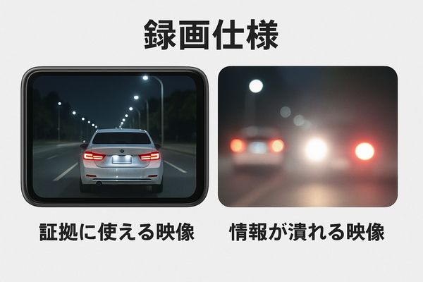 デジタルインナーミラーにおける録画品質の違いによって、証拠として使える映像と情報が潰れる映像の差が生じるイメージ