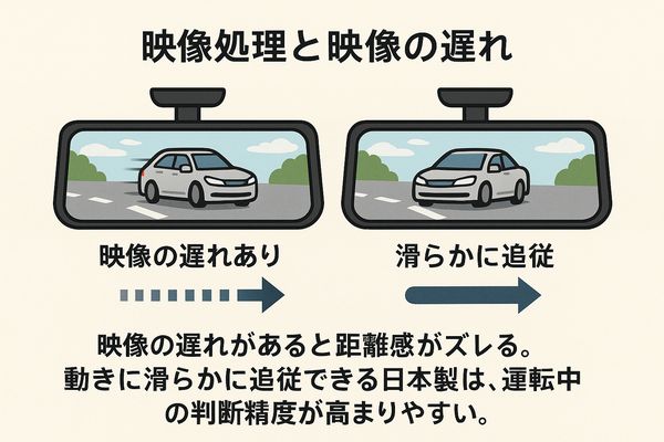 デジタルインナーミラーの映像遅れと滑らかな追従の違いを比較したイメージ