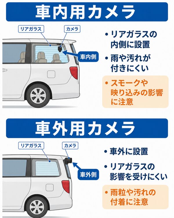 デジタルインナーミラーの車内用リアカメラと車外用リアカメラの設置場所・メリット・注意点を比較した図解