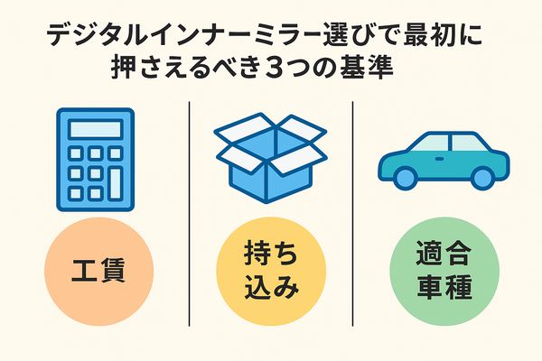 ナビ男くんのデジタルインナーミラー選びで重要な「工賃・持ち込み・適合車種」の3つの基準を図解したイラスト