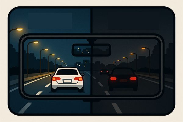 夜間走行時にHDRとWDRで見え方の差が出ることを示すデジタルインナーミラーの比較イメージ