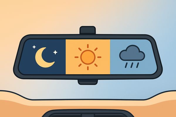 日本製デジタルインナーミラーは夜間・逆光・雨天など条件変化でも視界破綻しにくい特性を示す抽象イラスト