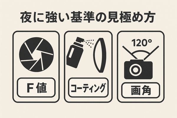 夜に強いデジタルインナーミラーを選ぶための、レンズ性能（F値・コーティング・画角）の重要性を視覚的に示したイメージ