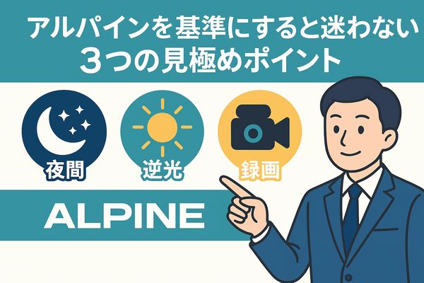 デジタルインナーミラーを選ぶ際、アルパインを基準にすると迷わなくなる３つの見極めポイントを図で整理したイラスト