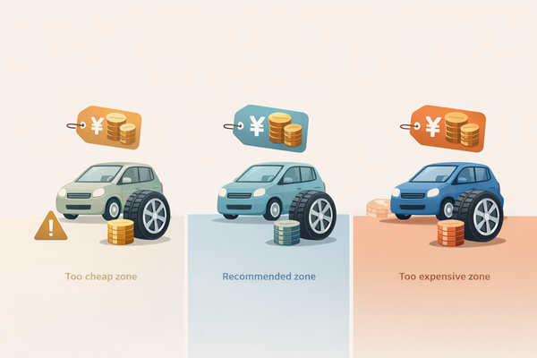 軽自動車のスタッドレスタイヤ価格帯の目安を示したイラスト｜安すぎ・適正・高すぎのゾーン比較