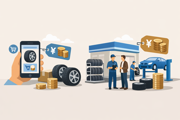 スタッドレスタイヤをネット購入と店舗購入で比較したイラスト｜ネットは安く店舗は高めの傾向を示す図