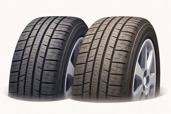 スタッドレスタイヤの安全な状態と劣化した状態の違いを比較したイメージ