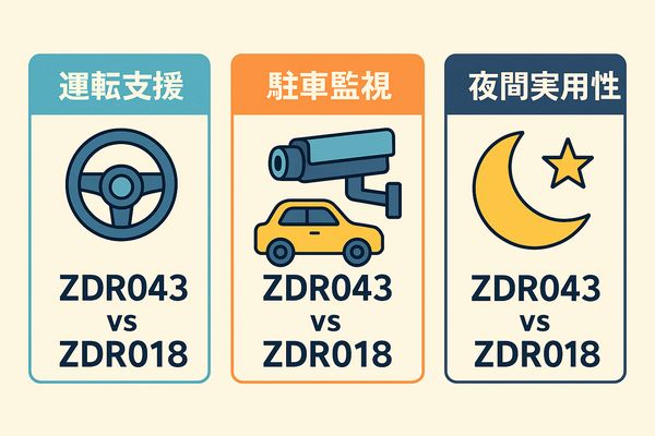 ZDR043とZDR018の違いを決める3つの軸（運転支援・駐車監視・夜間実用性）をタブ型で視覚化したイラスト