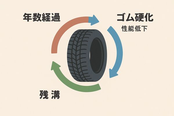 年数経過・残溝・ゴム硬化の3要素がスタッドレスタイヤ寿命を左右することを示すイラスト