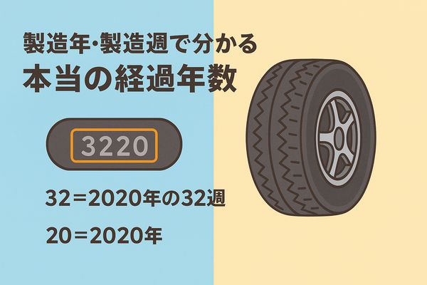 タイヤ側面の刻印「3220」が製造週と年を示すことを解説するイラスト